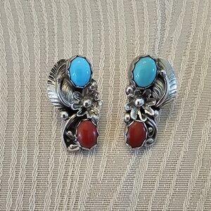 Native American Sterling Silver Stud Earrings w/Turquoise & Coral Stones.